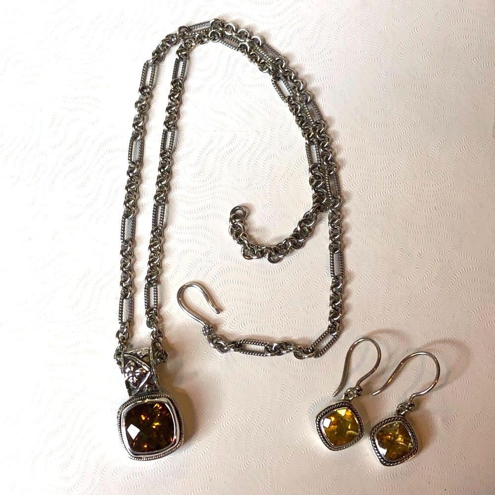 LORI BONN Cushion Cut Citrine Earrings & Sterling Silver Variegated Necklace